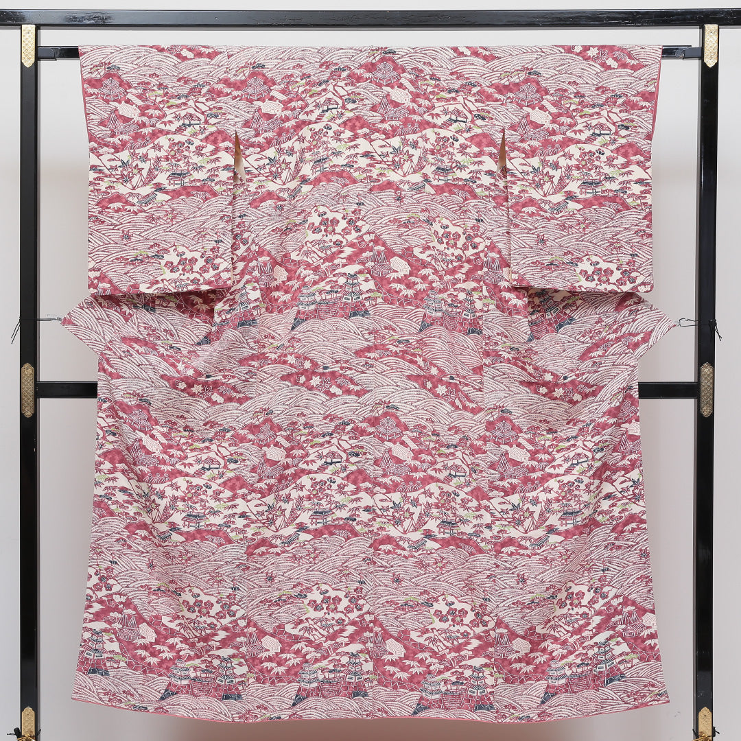 小紋 袷 身丈150cm 裄丈64cm 正絹 Sランク インフォーマル 広衿 Sサイズ 茶屋辻 ピンク系 RP 1221-00534