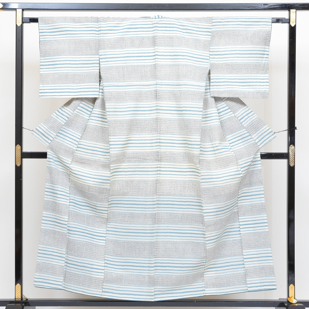小紋 袷 身丈153cm 裄丈63cm 正絹 Sランク インフォーマル 広衿 Sサイズ 縞 亀甲 グレー系 RP 1221-00471