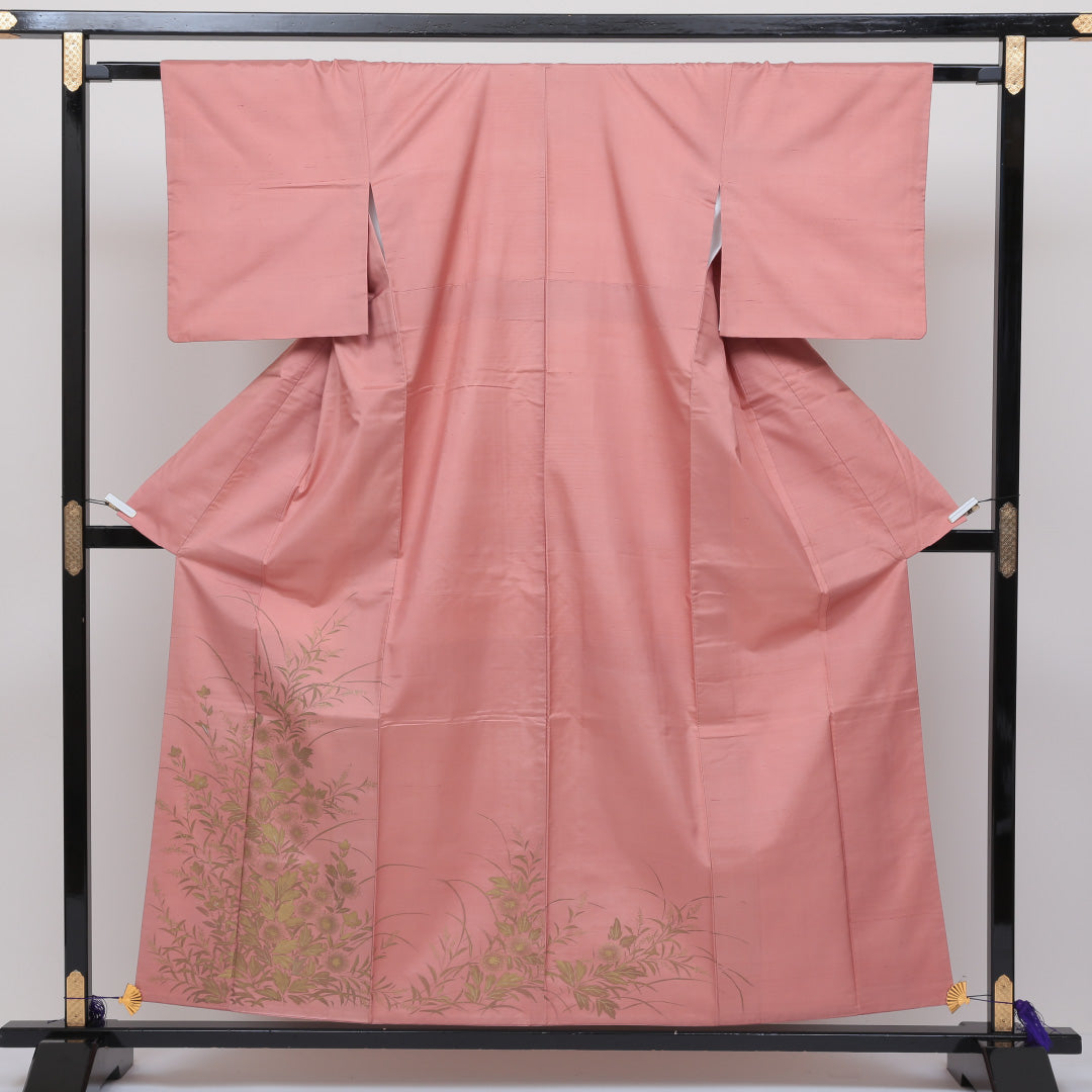 色留袖 (飯田紬) 身丈155cm 裄丈62cm Aランク 正絹 袷 広衿 M 創作 付下げ セミフォーマル ピンク系 1211-F0110