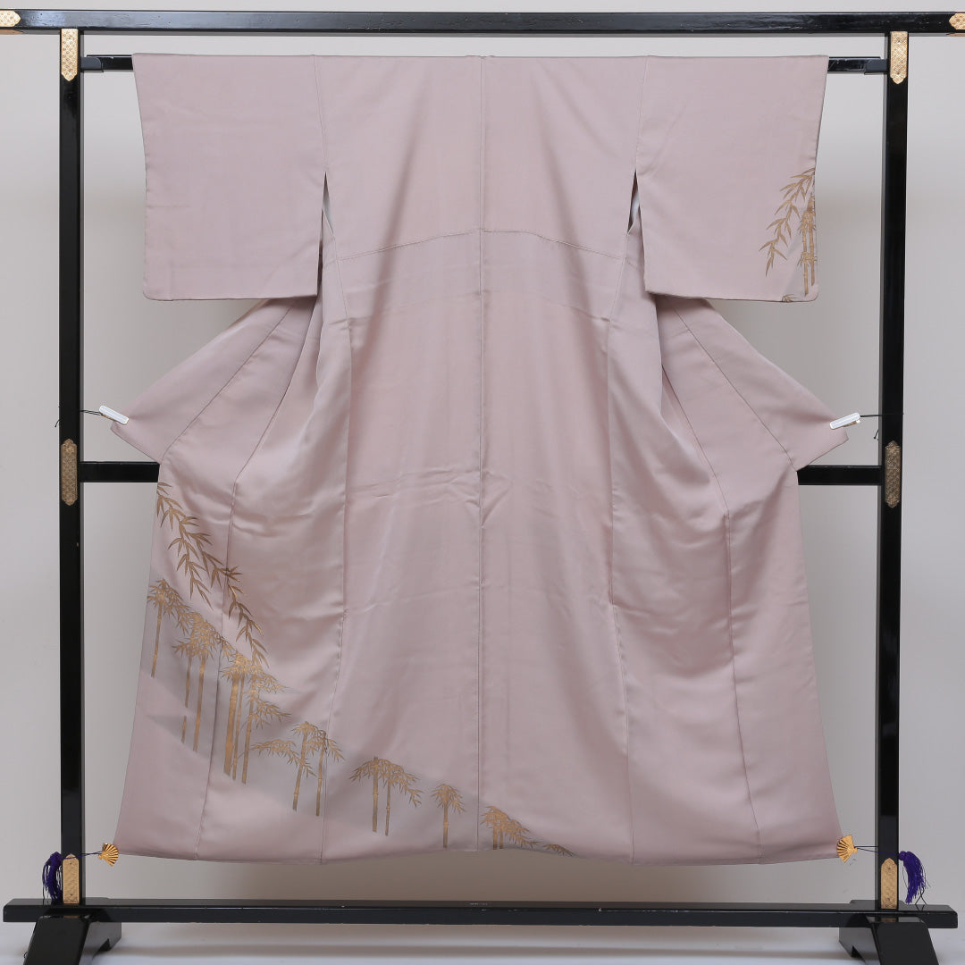 訪問着 袷 身丈150cm 裄丈62cm 正絹 Sランク セミフォーマル 広衿 Sサイズ 金箔 刺繍 笹 竹 ピンク系 RP 1217-04055