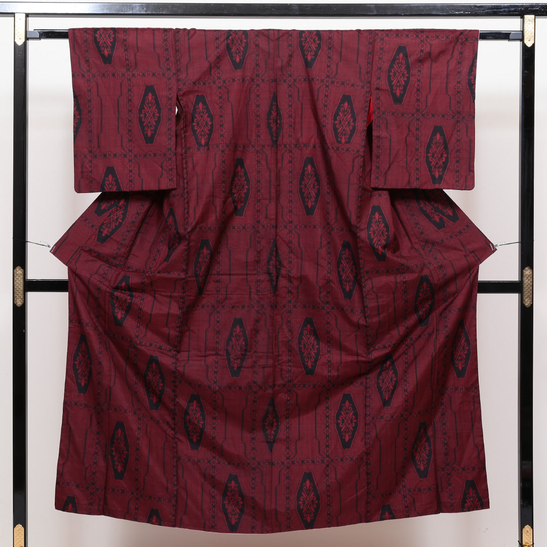 アンティーク着物 紬 袷 身丈150cm 裄丈~62cm 赤系 正絹 優品 花 1216321200107