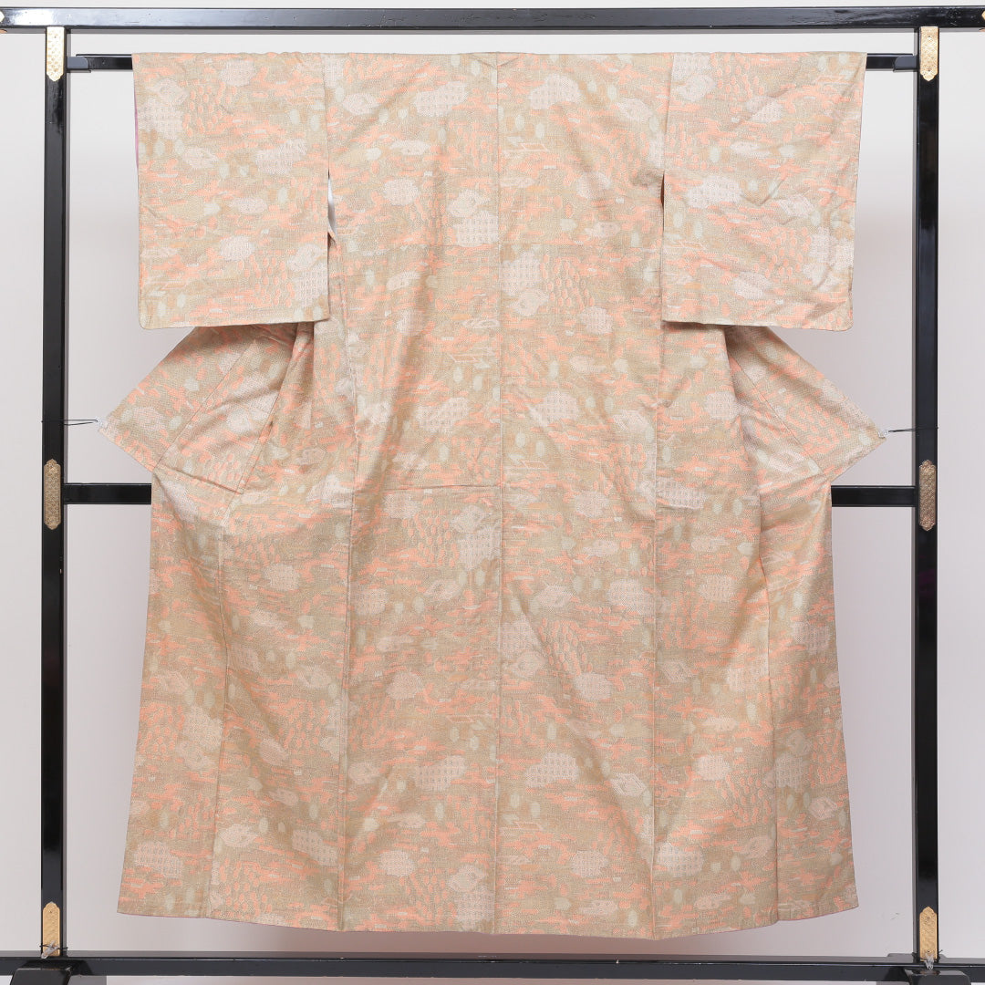 紬 袷 身丈150cm 裄丈62cm 正絹 Bランク カジュアル 広衿 Sサイズ 創作柄 朱系 HP 1223-02573