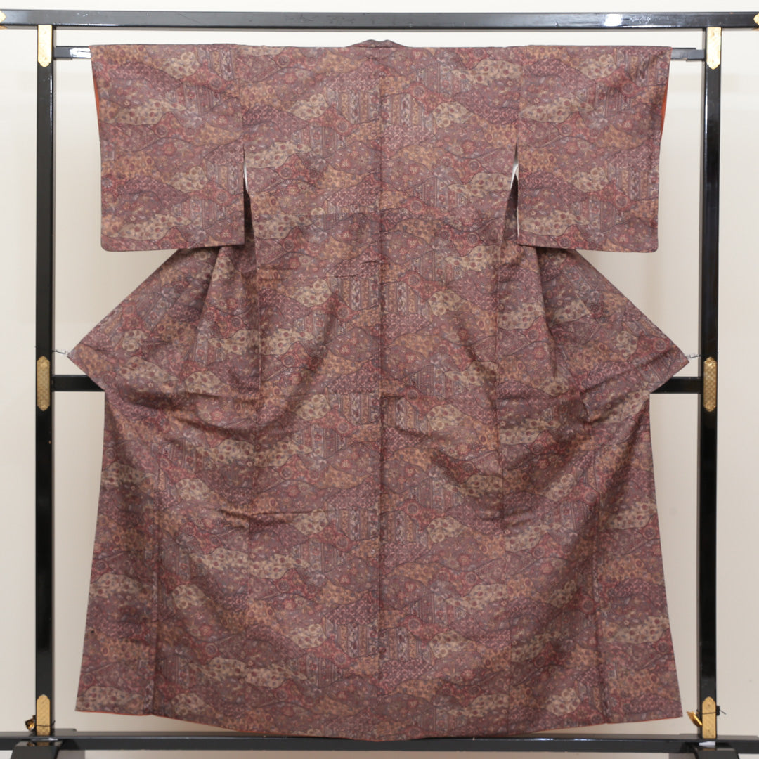 小紋 袷 身丈157cm 裄64.5cm 茶系 モダン 正絹 Sランク 1215006352314