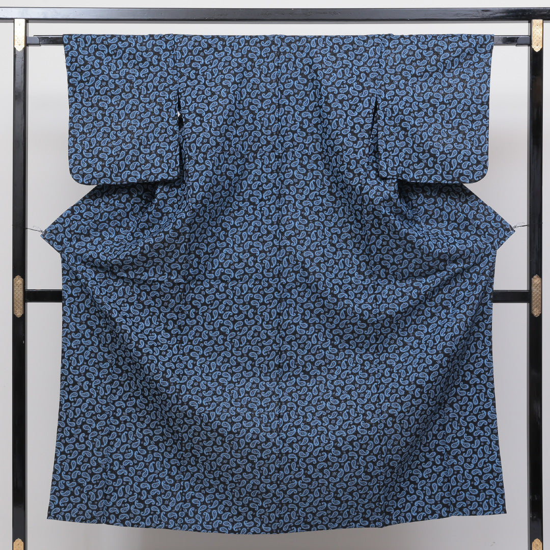 小紋 アンサンブル 洗える着物 単衣 身丈151cm 裄丈61cm ポリエステル Sランク Sサイズ バチ衿 インフォーマル 紐あり ペイズリー柄 青系 1215-00365