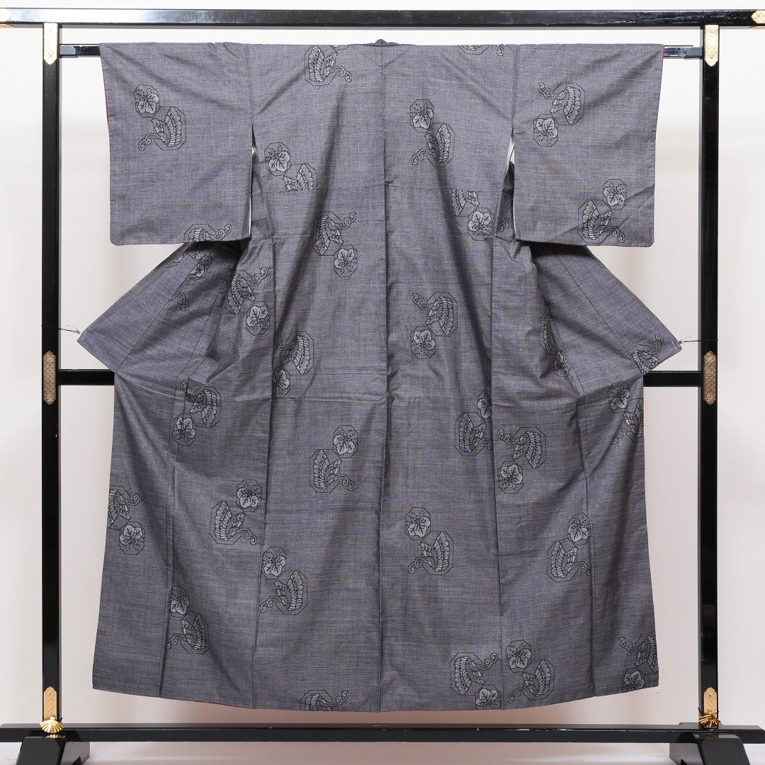 紬 袷 身丈150cm 裄丈63cm グレー系 正絹 優品 桐と蝶 1216322200104