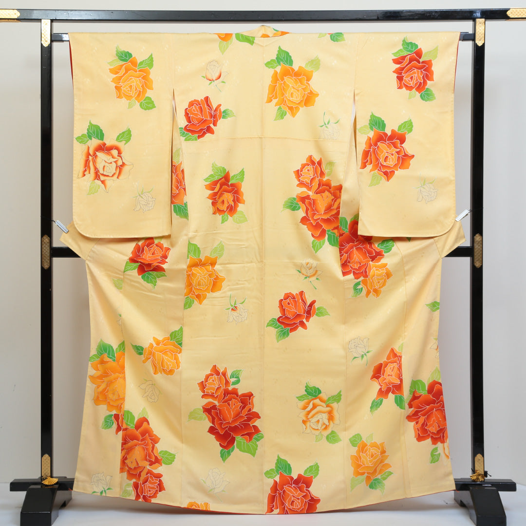 小振袖 身丈164cm 裄丈66.5cm Sランク 袷 洗える着物 ポリエステル 広衿 薔薇 レトロ 1213-F0035