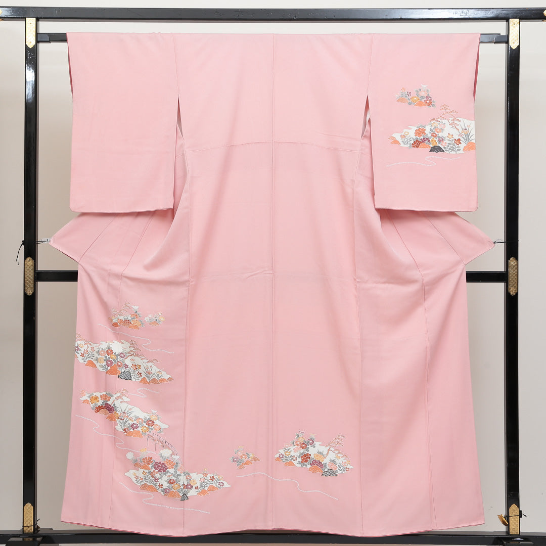 訪問着 袷 身丈156cm 裄丈64cm 正絹 Sランク セミフォーマル 広衿 Mサイズ 橋 吉祥文様 ピンク系 RP 1217-04156