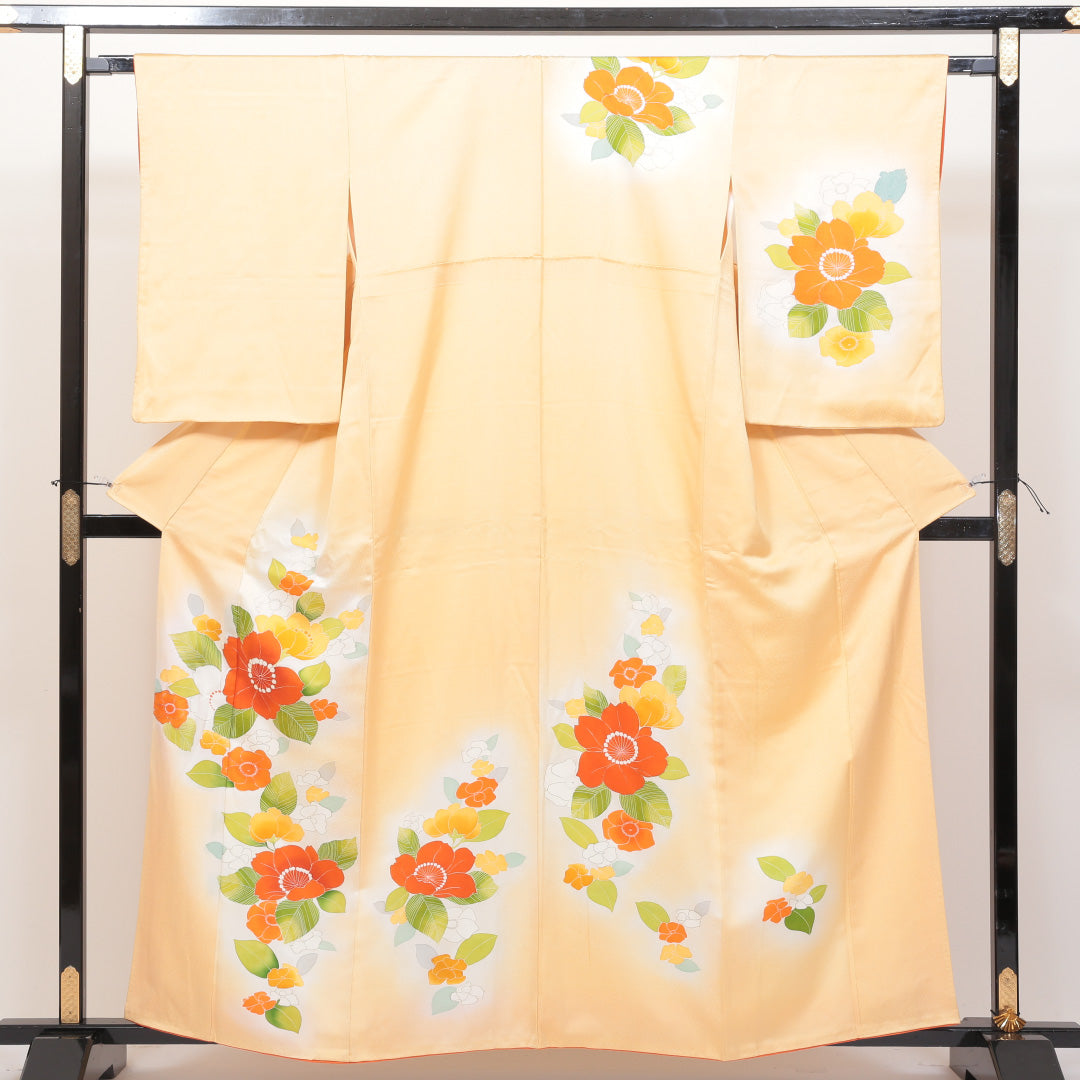 訪問着 袷 身丈159cm 裄丈35cm 正絹 Sランク Mサイズ 広衿 セミフォーマル 牡丹 クリーム系 朱系 1212-04101