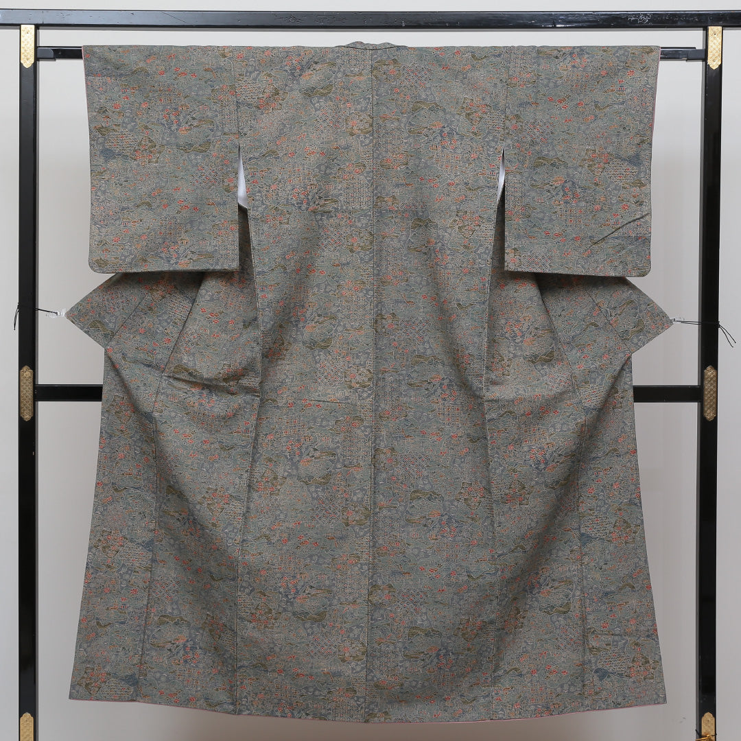 小紋 袷 身丈148cm 裄丈62cm 正絹 Sランク インフォーマル 広衿 XSサイズ 茶屋辻 花柄 緑系 RP 1221-00549