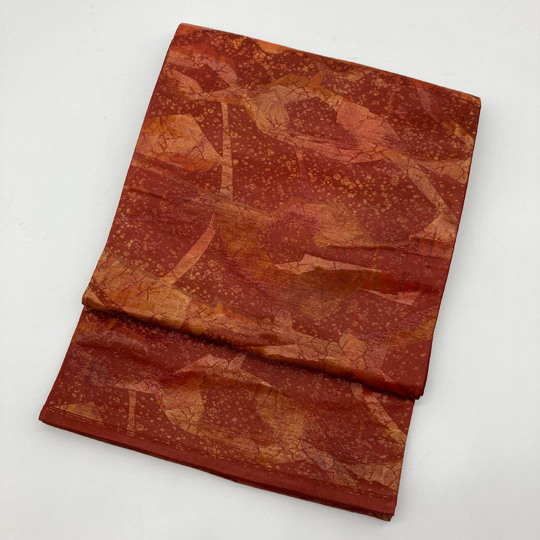 袋帯 帯丈414cm 六通 創作 引き箔 セミフォーマル 赤系 正絹 Sランク 1223-00082