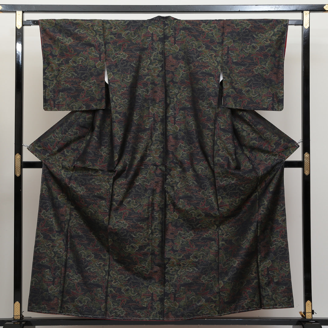 紬 袷 身丈156cm 裄丈64cm 正絹 Aランク カジュアル 広衿 Mサイズ しつけ糸 風景柄 植物柄 緑系 HP 1223-02651