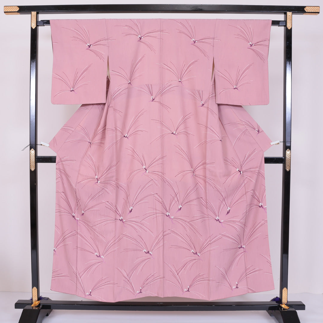 小紋 袷 身丈150cm 裄丈63cm 正絹 Sランク インフォーマル バチ衿 Sサイズ 植物柄 ピンク系 RP 1221-00081