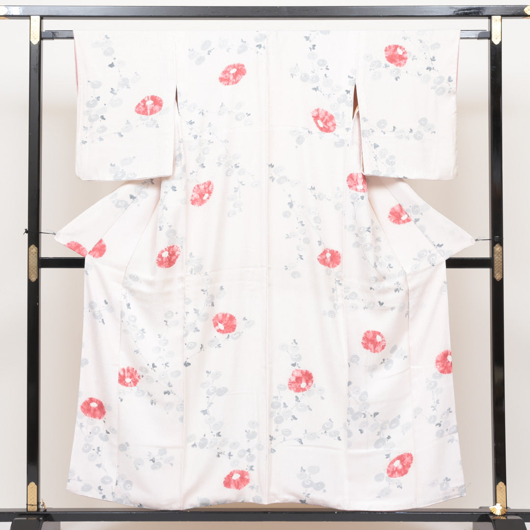 小紋 袷 身丈152cm 裄丈62cm 正絹 Aランク インフォーマル 広衿 Sサイズ 朝顔 白系 RP 1221-00444