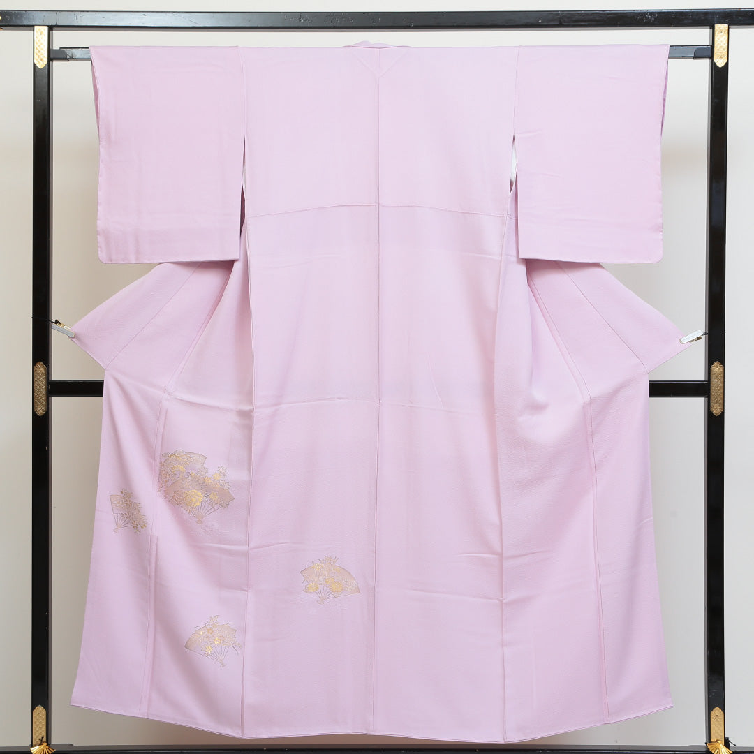 付下げ 袷 身丈151cm 裄丈63cm 正絹 Sランク インフォーマル 広衿 Sサイズ 刺繍 扇 花柄 ピンク系 RP 1218-04161