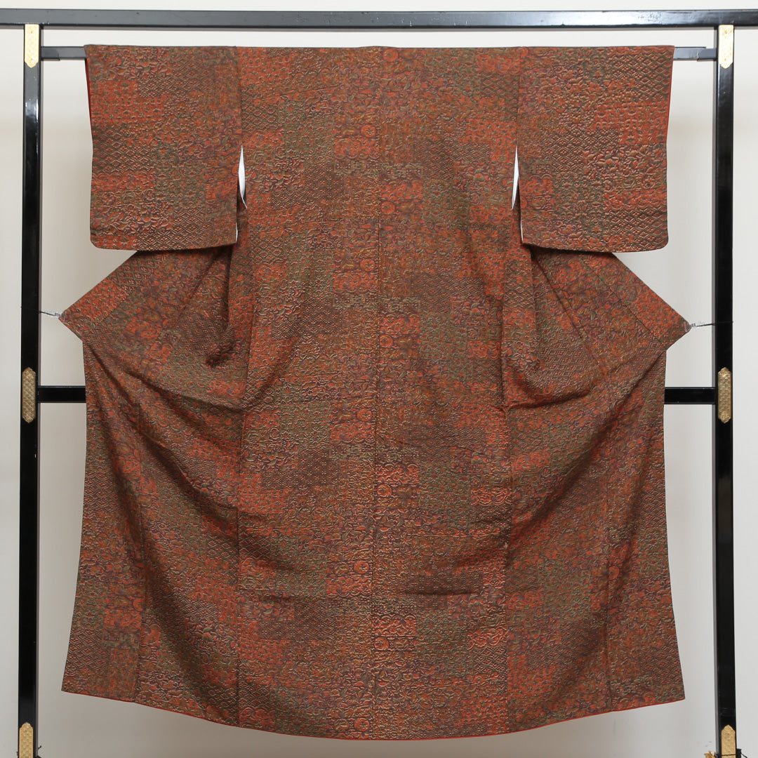 小紋 袷 身丈150cm 裄丈63cm 正絹 Sランク インフォーマル バチ衿 Sサイズ 更紗 古典柄 茶系 RP 1221-00690