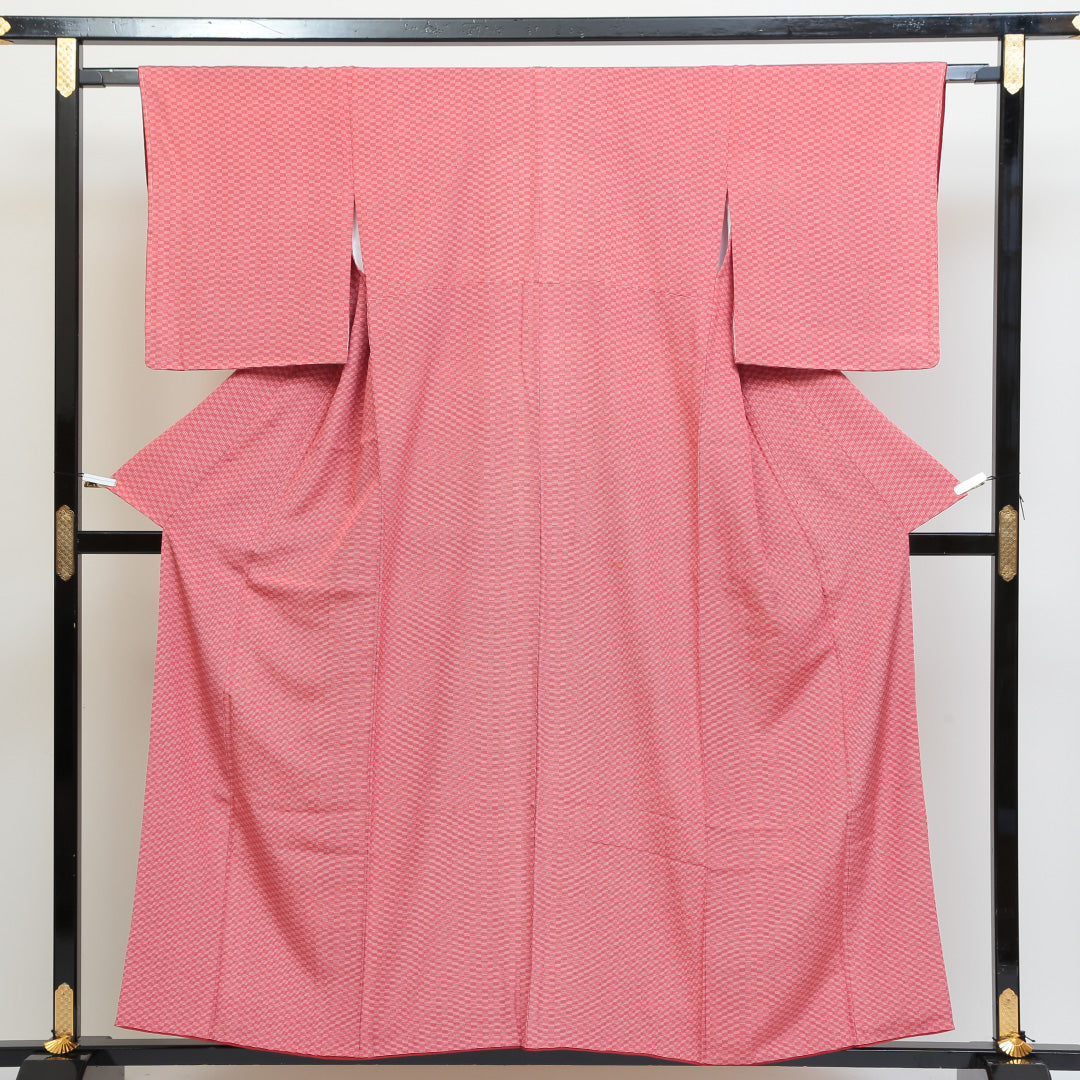 小紋 袷 身丈156cm 裄丈64cm 正絹 Sランク インフォーマル 広衿 Mサイズ 市松 赤系 RP 1221-00767