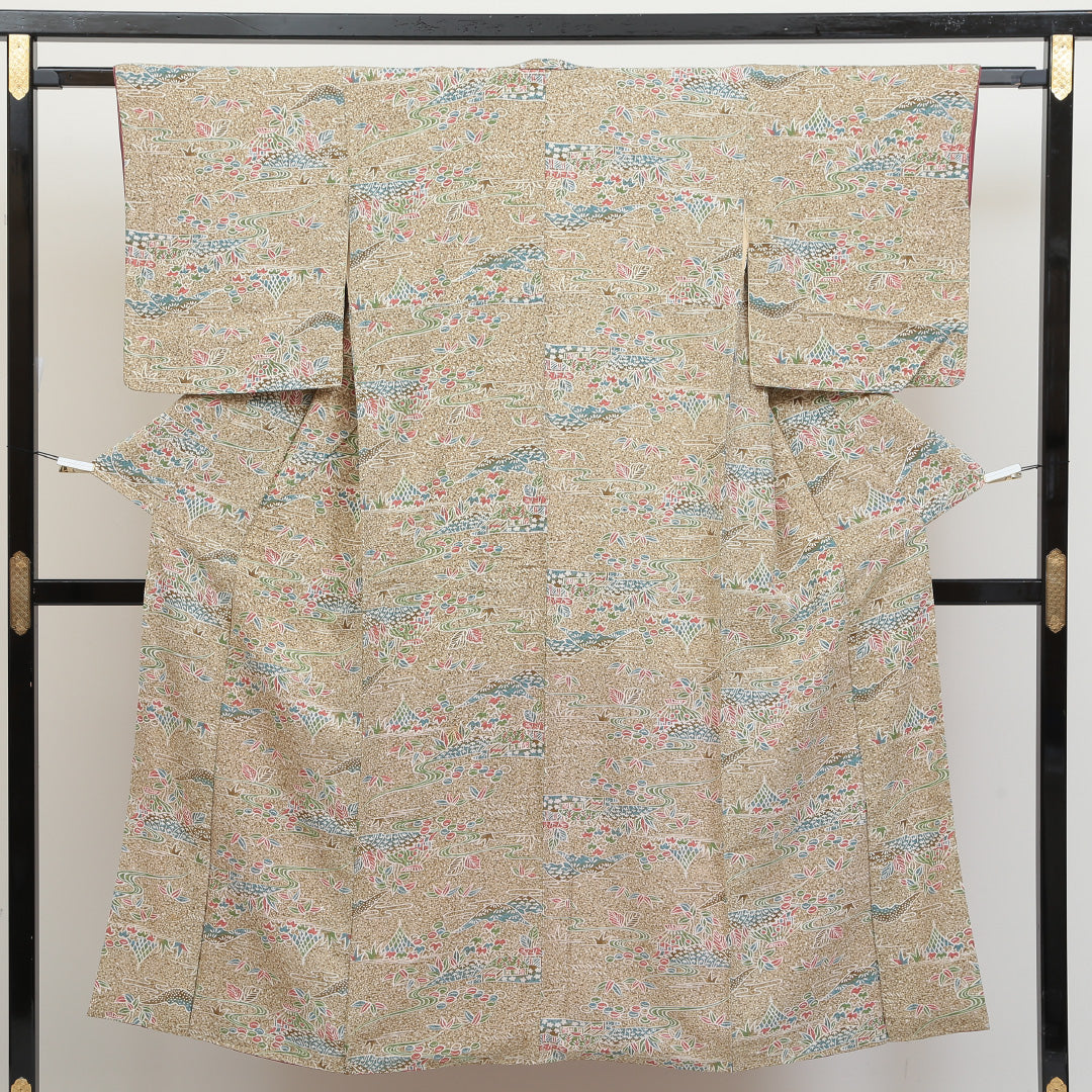 小紋 袷 身丈145cm 裄62.5cm クリーム系 流水 山 風景柄 四季草花 正絹 Aランク 通年柄 1215009023115