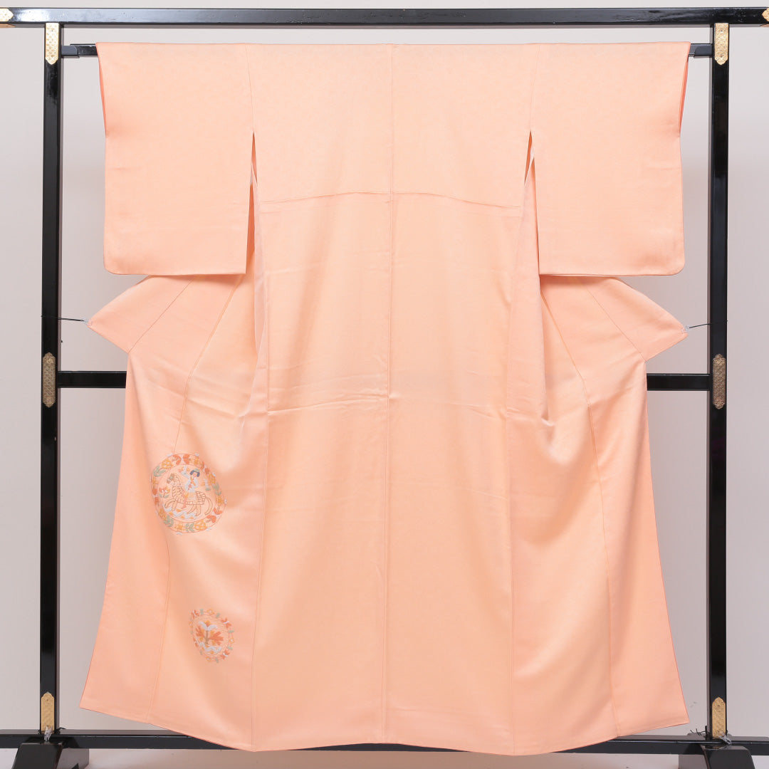訪問着 袷 身丈157cm 裄丈65cm 正絹 Sランク セミフォーマル 広衿 Mサイズ 相良刺繍 騎馬人物 朱系 PO 1217-04086