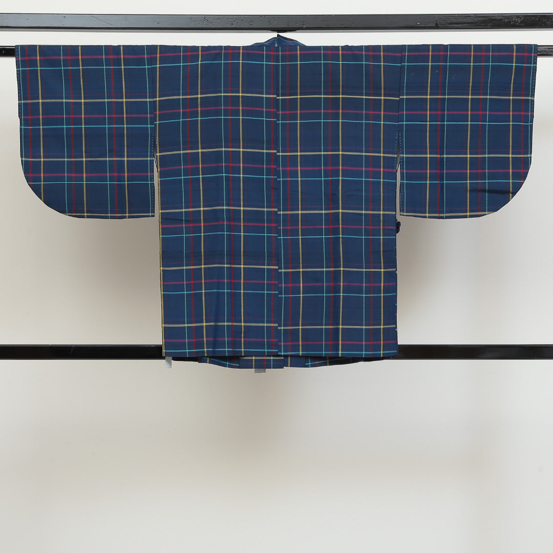 道中着(紬) 袷 身丈76cm 裄丈64cm 正絹 Bランク Mサイズ カジュアル 格子 青系 1264-05472