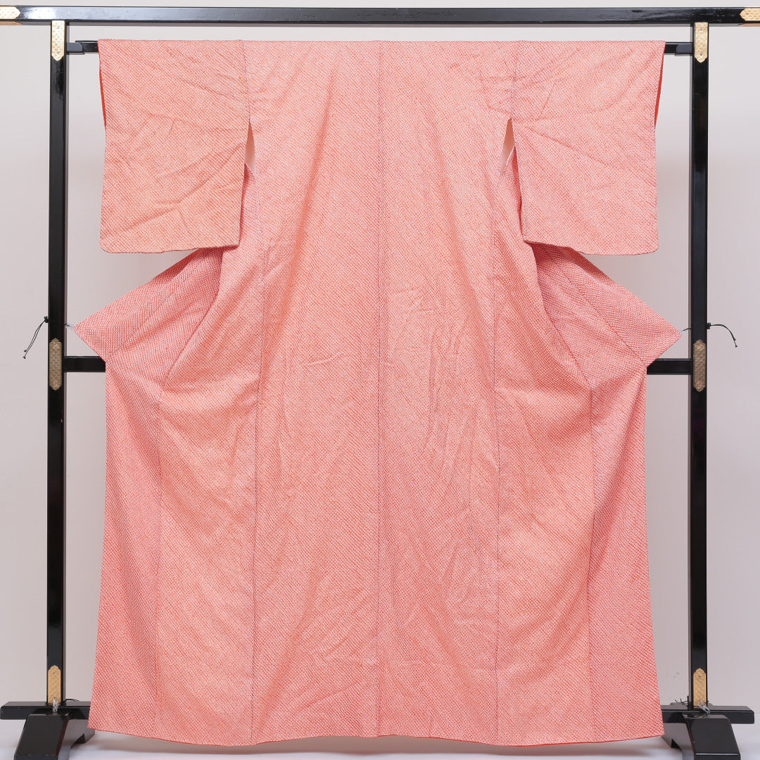 小紋 袷 身丈165cm 裄丈66cm 正絹 Bランク インフォーマル 広衿 XLサイズ 鹿の子柄 朱系 HP 1221-00318