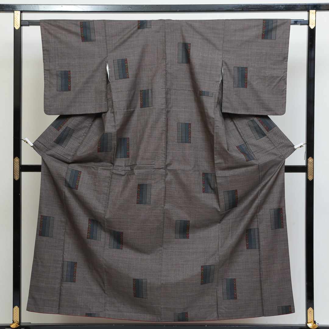 大島紬 袷 身丈158cm 裄丈64cm 正絹 Aランク インフォーマル バチ衿 Mサイズ 経緯絣 創作柄 グレー系 RP 1223-02698