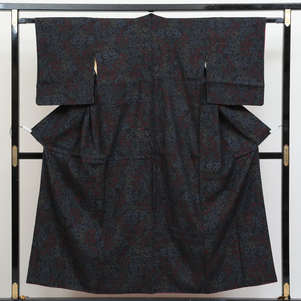正絹 上質な結城紬 80亀甲 紺色 大きめサイズ 袷 - 着物・浴衣