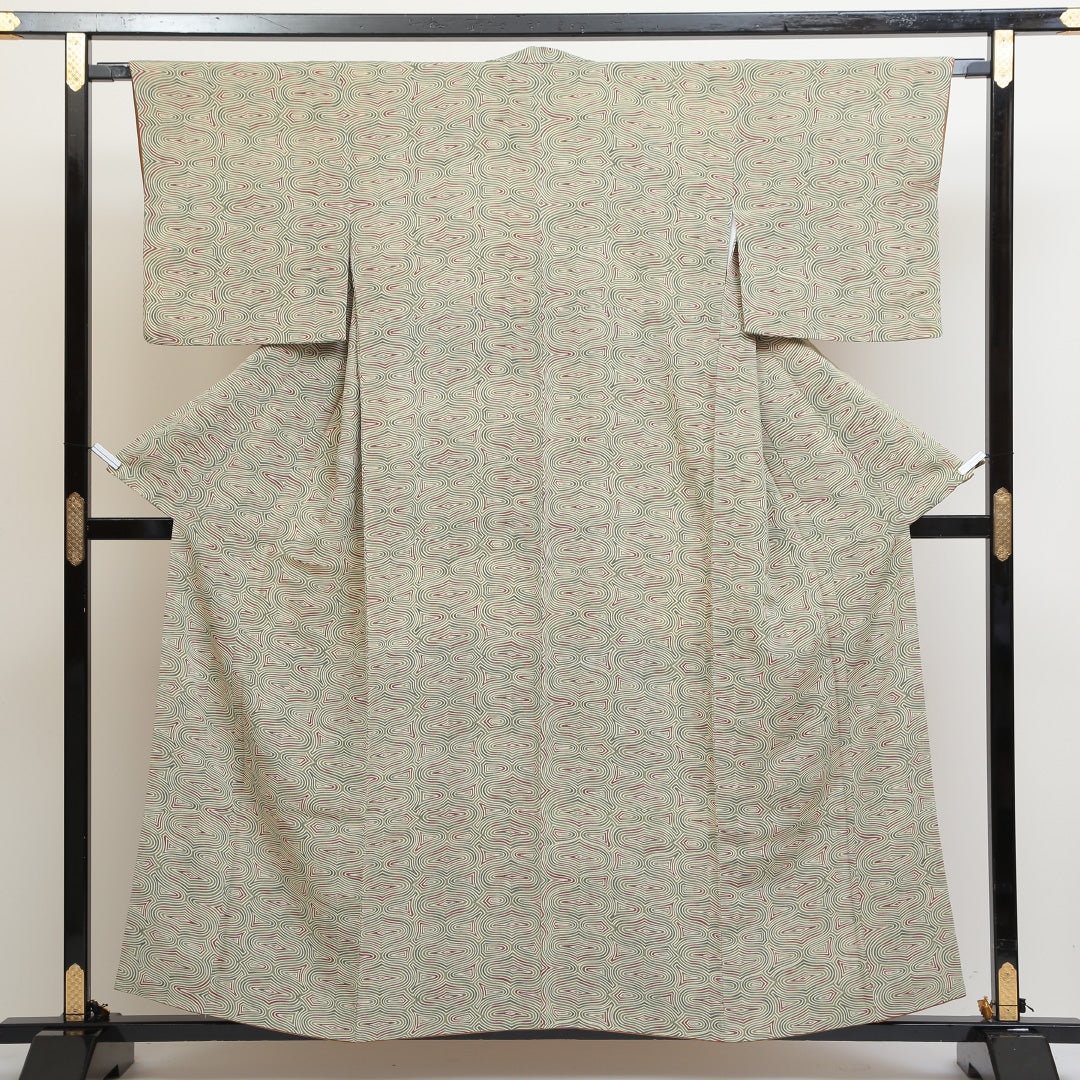 小紋 袷 身丈154cm 裄丈65cm 正絹 Sランク インフォーマル 広衿 Sサイズ 幾何学柄 緑系 SR 1221-00724