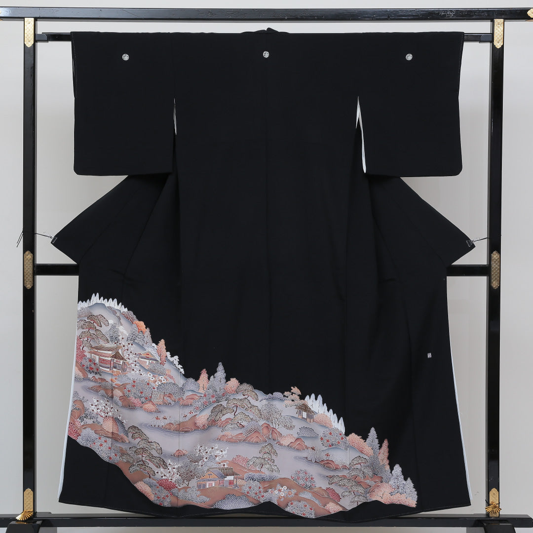 黒留袖 五つ紋 桐枝丸 身丈151cm 裄丈62cm Sランク 正絹 袷 広衿 S 作家物 落款 茶屋辻 加賀友禅 フォーマル 黒系 1211-F0141