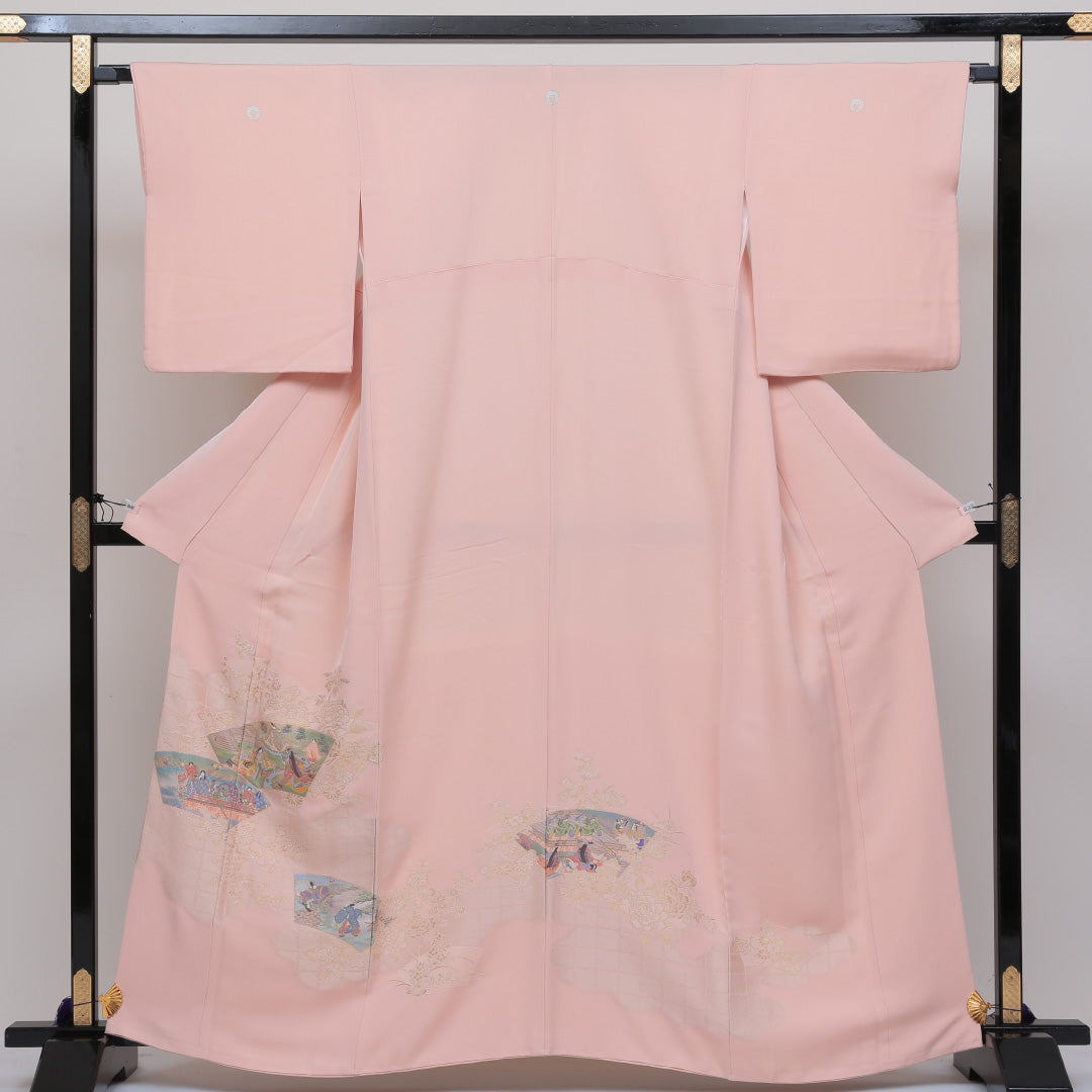 色留袖 三つ紋 下がり藤 身丈160cm 裄丈66cm Sランク 正絹 袷 比翼 広衿 L 平安絵巻 セミフォーマル ピンク系 1211-F0113