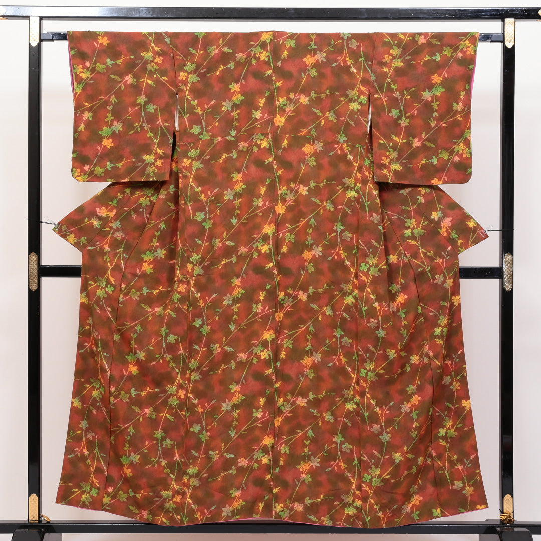小紋 袷 身丈152cm 裄丈64cm 正絹 Bランク インフォーマル 広衿 Sサイズ 花柄 茶系 HP 1221-00430
