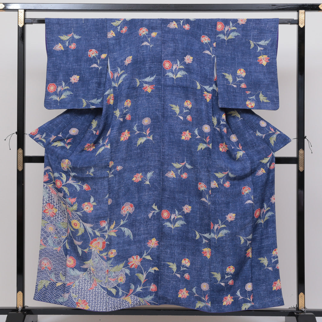 訪問着 袷 身丈154cm 裄丈62cm 正絹 Sランク セミフォーマル 広衿 Sサイズ 唐華 吉祥文様 青系 PO 1217-04085