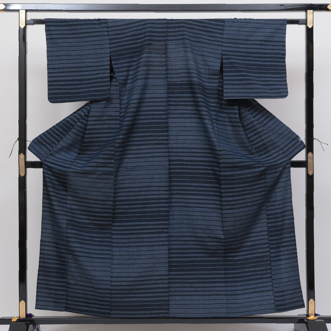紬 単衣 身丈156cm 裄63cm 正絹 青系 Bランク 1216-00078