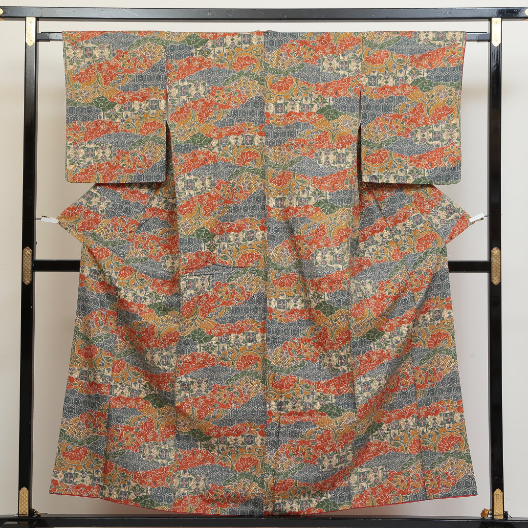 小紋 袷 身丈155cm 裄丈64cm 正絹 Sランク Mサイズ 広衿 インフォーマル 小紋 吉祥文様 花柄 植物柄 朱系 1215-02686