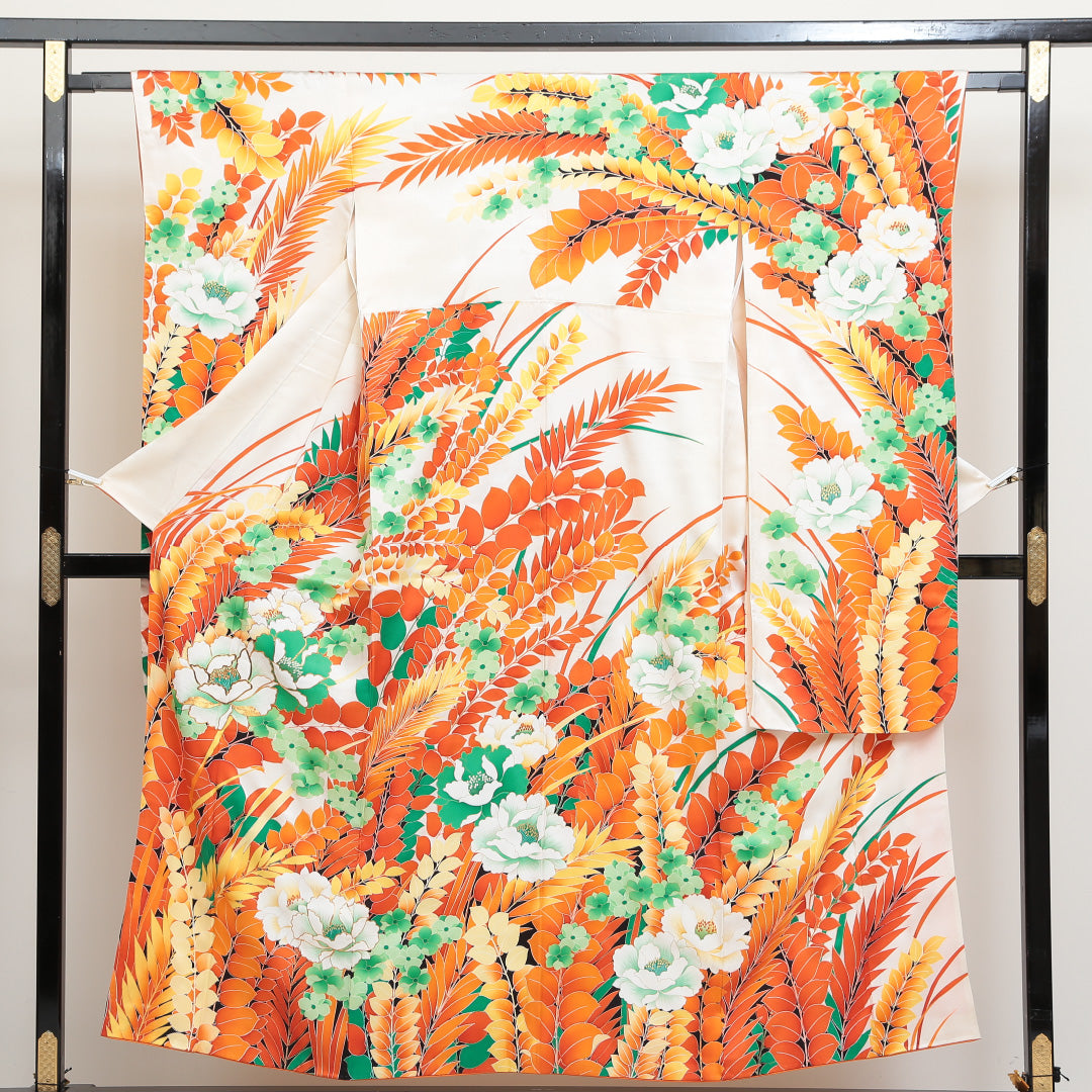振袖 身丈151cm 裄丈63.5cm Bランク 袷 正絹 広衿 ボタニカル モダン 1313-F0022
