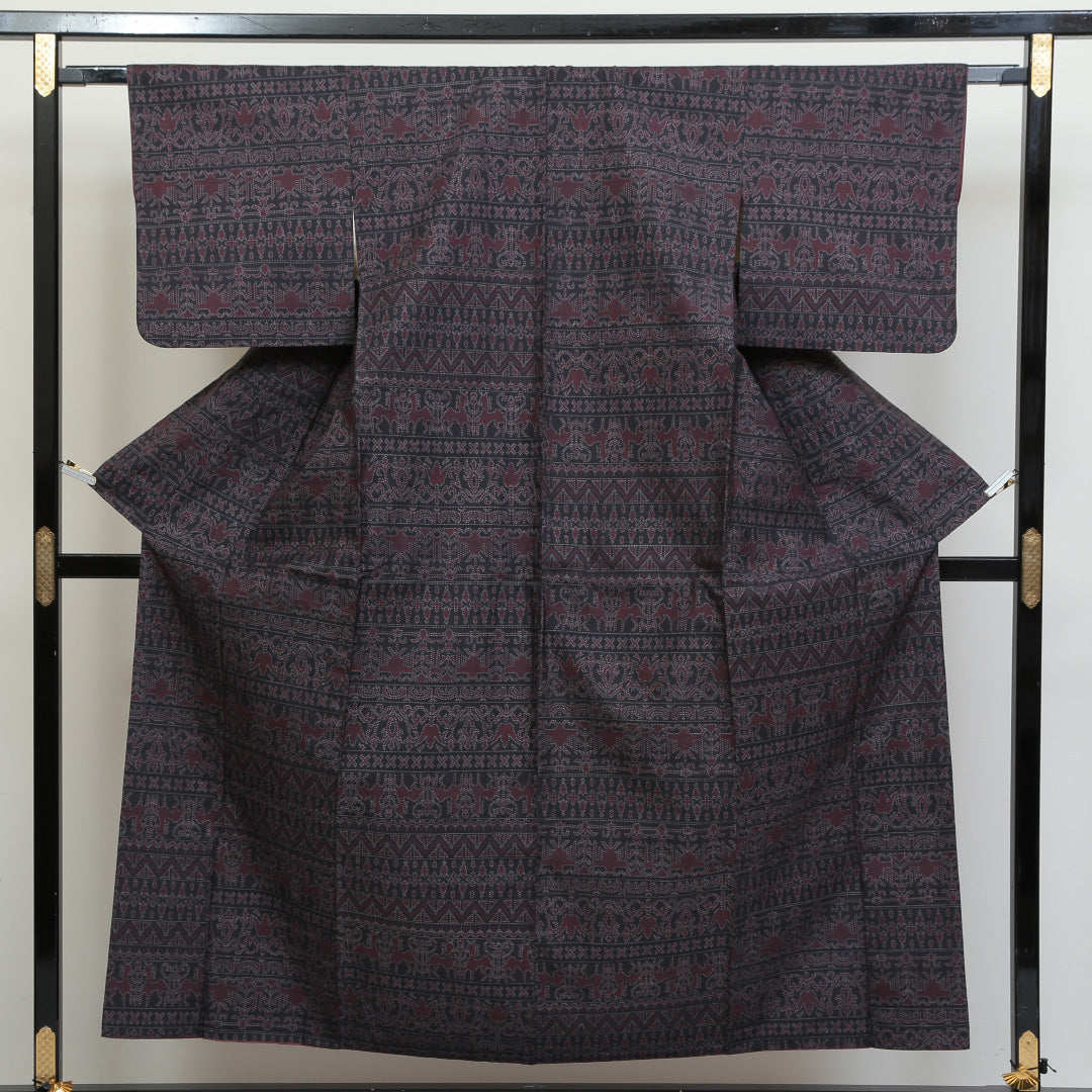 紬 袷 身丈158cm 裄丈63cm 正絹 Aランク カジュアル 広衿 Mサイズ 樹下双獣文 茶系 RP 1223-02713