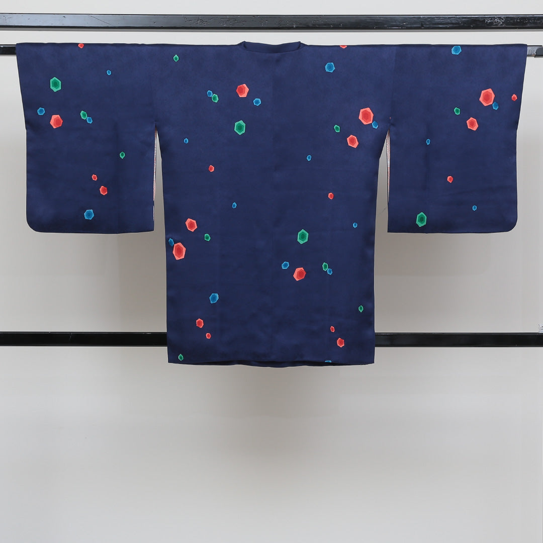 道行コート 袷 身丈78cm 裄丈65cm 正絹 Sランク セミフォーマル Mサイズ 幾何学柄 紺系 M4 1237-05464