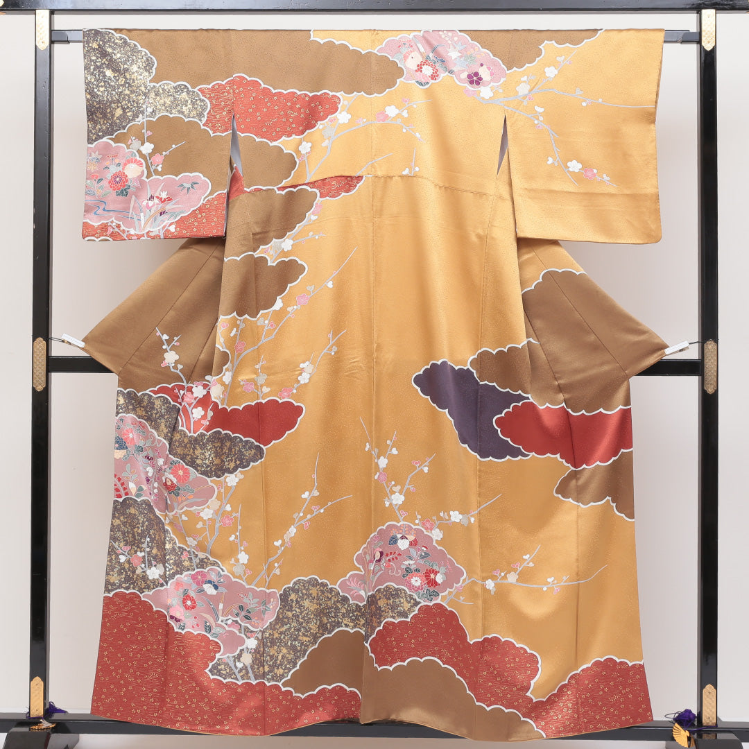 訪問着 袷 身丈155cm 裄丈65cm 正絹 Sランク Mサイズ 広衿 セミフォーマル 吉祥文様 金彩 金箔 銀箔 金系 1212-04033