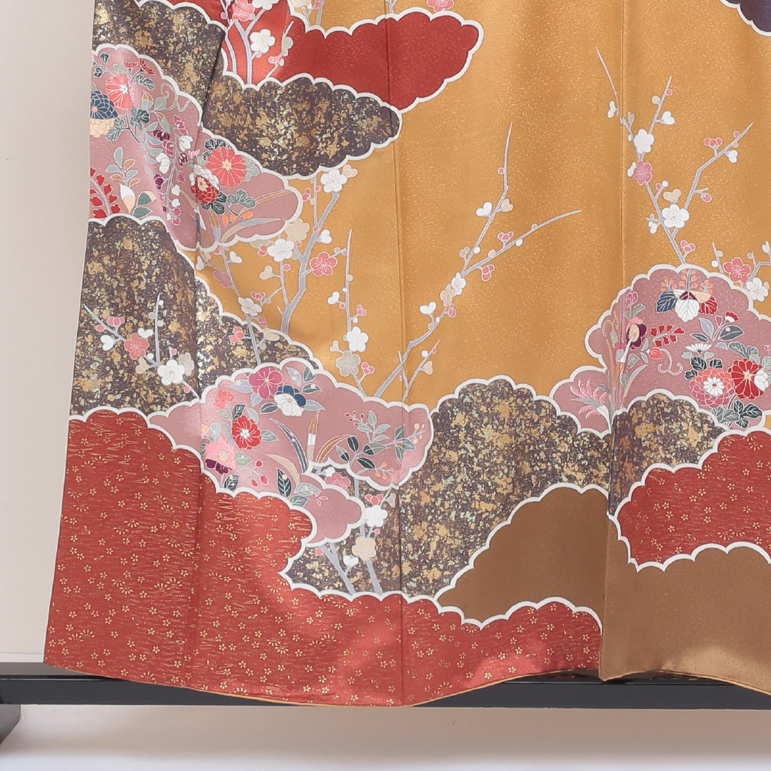 訪問着 袷 身丈155cm 裄丈65cm 正絹 Sランク Mサイズ 広衿 セミフォーマル 吉祥文様 金彩 金箔 銀箔 金系 1212-04033