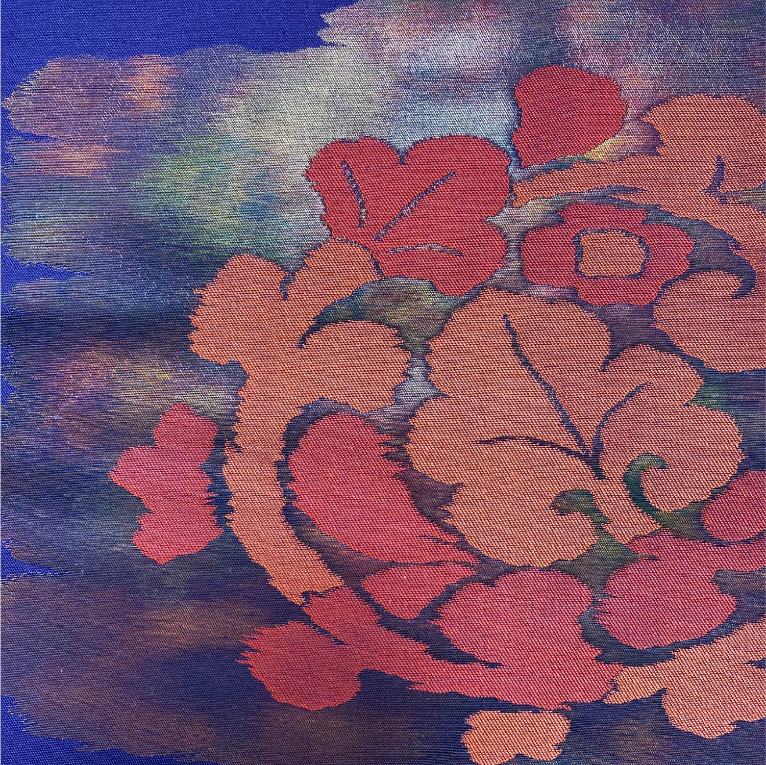 名古屋帯 帯丈323cm 六通 名古屋仕立て Sランク カジュアル 引箔 宝相華 正絹 紺系 1224-00022