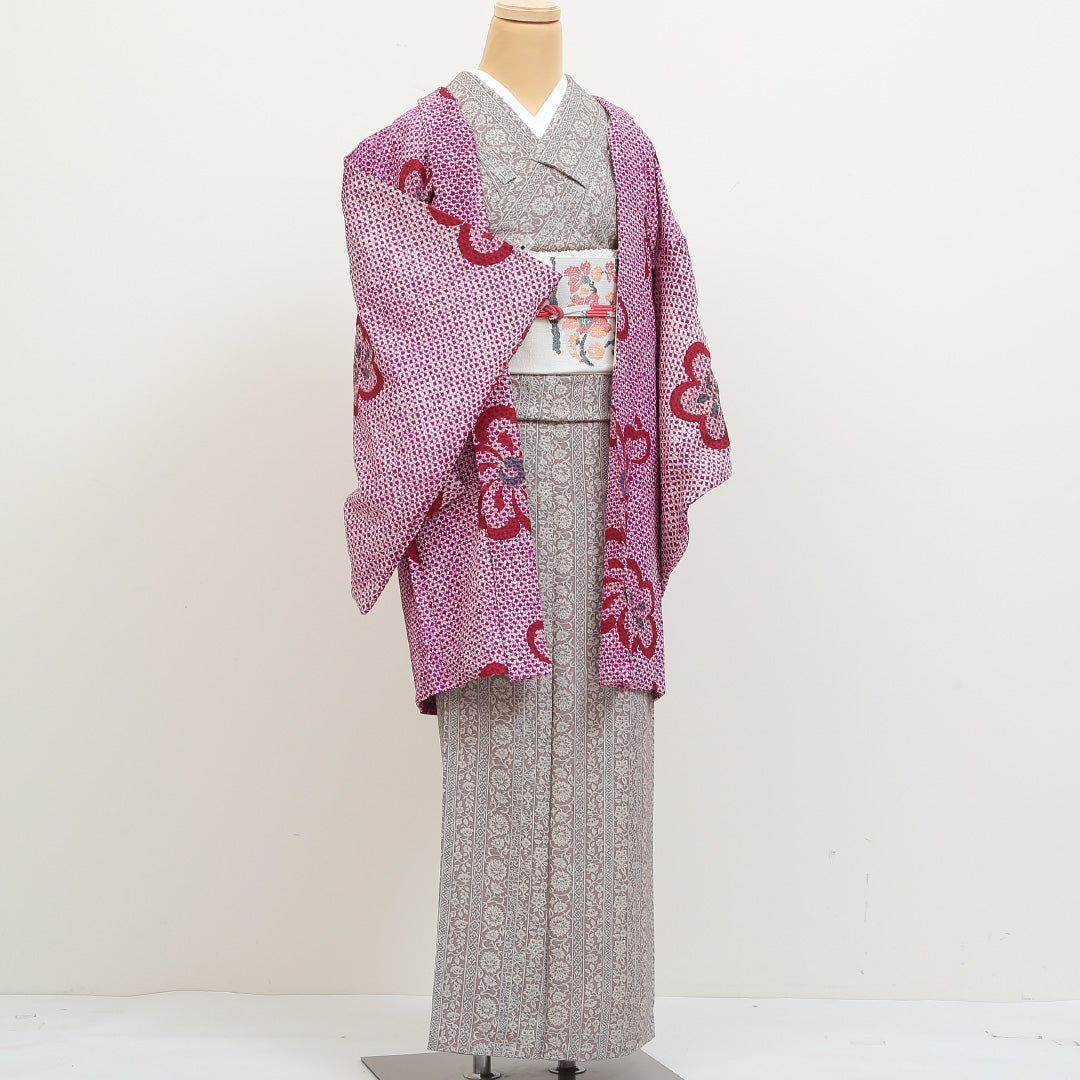 アンティーク 羽織 袷 身丈88cm 裄丈65cm 正絹 Cランク Mサイズ 梅 紫系 RP 1232-05522