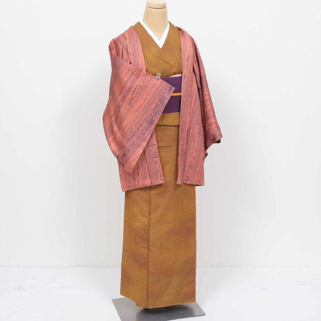未使用品 羽織 袷 身丈73cm 裄丈63cm 正絹 Nランク カジュアル Sサイズ しつけ糸 墨流し ピンク系 RP 1232-05359