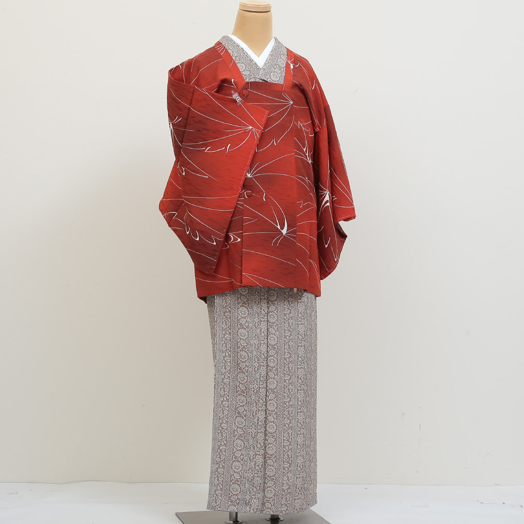 道行コート 洗える着物 袷 身丈74cm 裄丈63cm ポリエステル Sランク Sサイズ カジュアル 創作柄 ぼかし染 しつけ糸 朱系 1263-05488