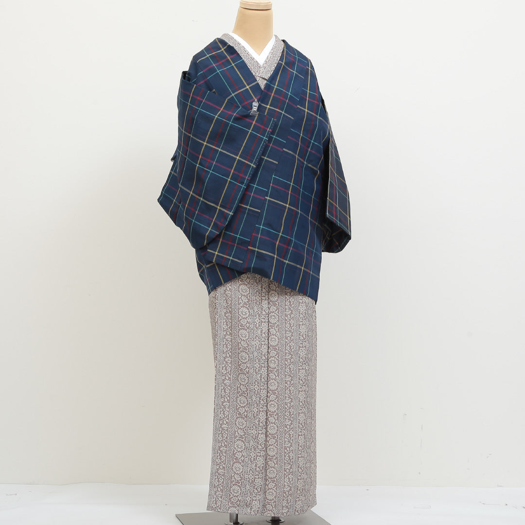 道中着(紬) 袷 身丈76cm 裄丈64cm 正絹 Bランク Mサイズ カジュアル 格子 青系 1264-05472