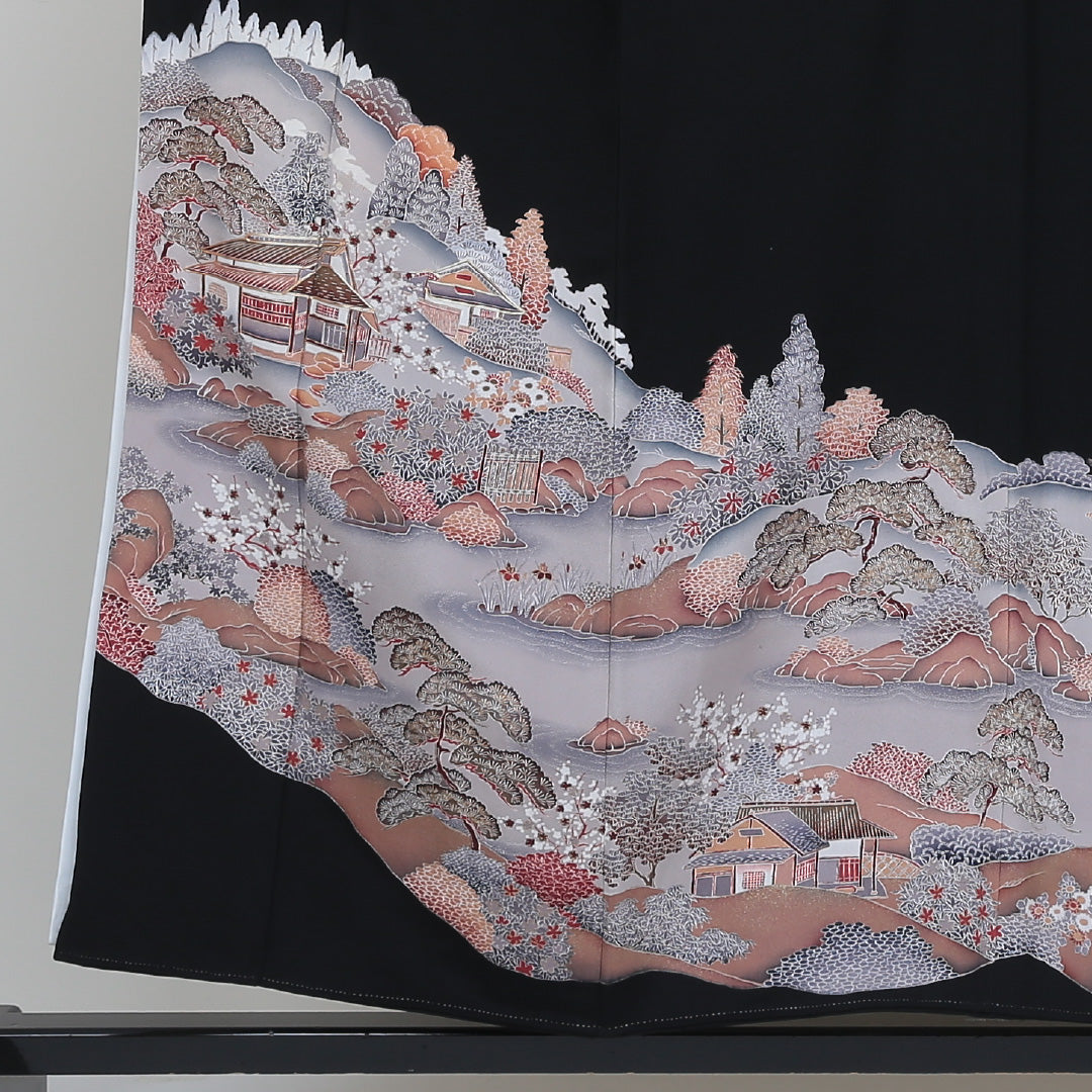 黒留袖 五つ紋 桐枝丸 身丈151cm 裄丈62cm Sランク 正絹 袷 広衿 S 作家物 落款 茶屋辻 加賀友禅 フォーマル 黒系 1211-F0141