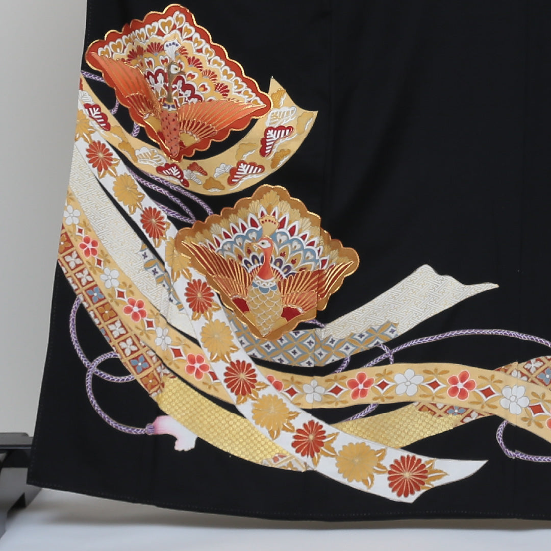 黒留袖 五つ紋 五三桐 身丈164cm 裄丈64.5cm Aランク 正絹 袷 広衿 L 金駒刺繍 孔雀 吉祥文様 熨斗 フォーマル 黒系 1211-F0147
