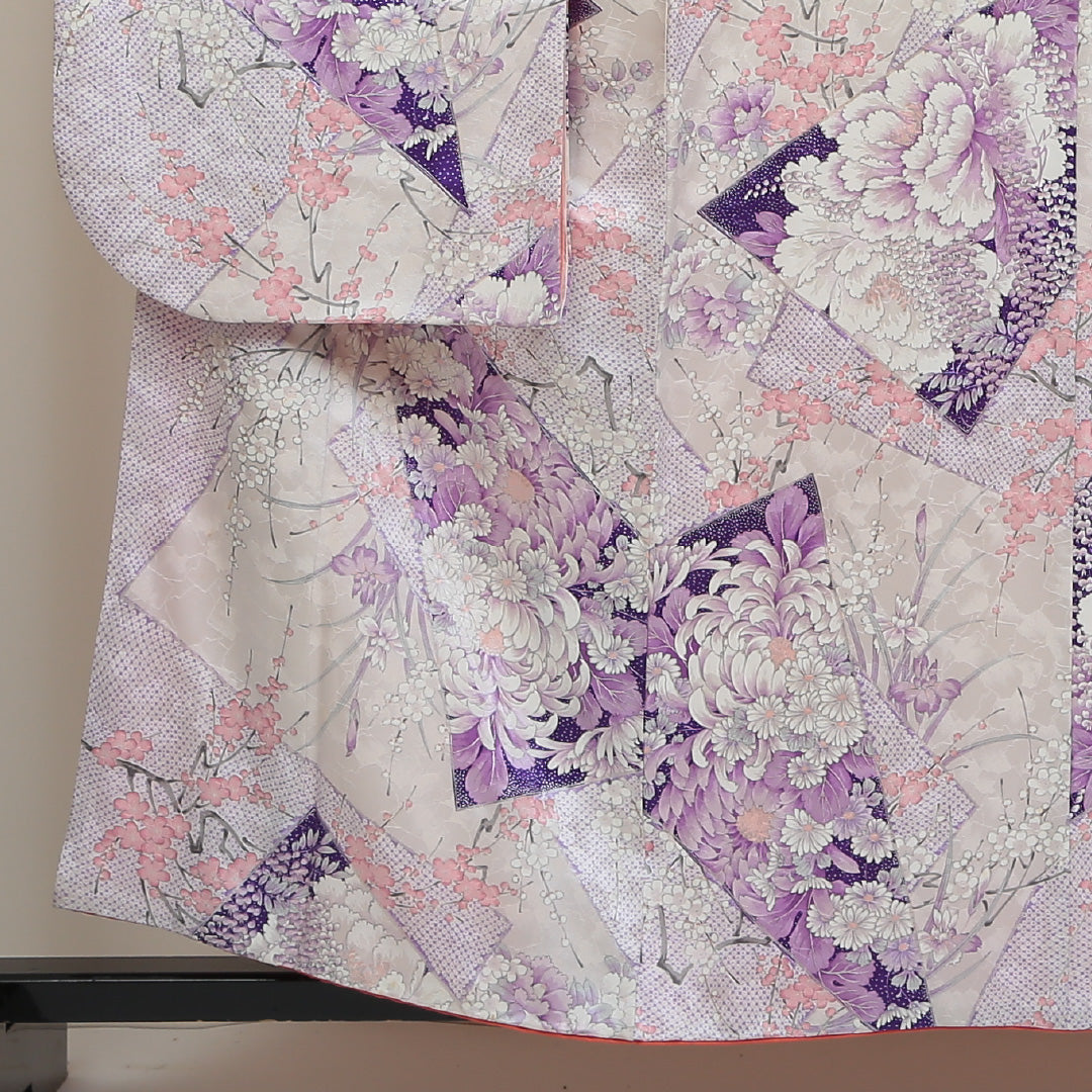 振袖 身丈157cm 裄丈66.5cm Bランク 袷 正絹 広衿 牡丹 桜 梅 紅葉 四季草花 1213-F0026