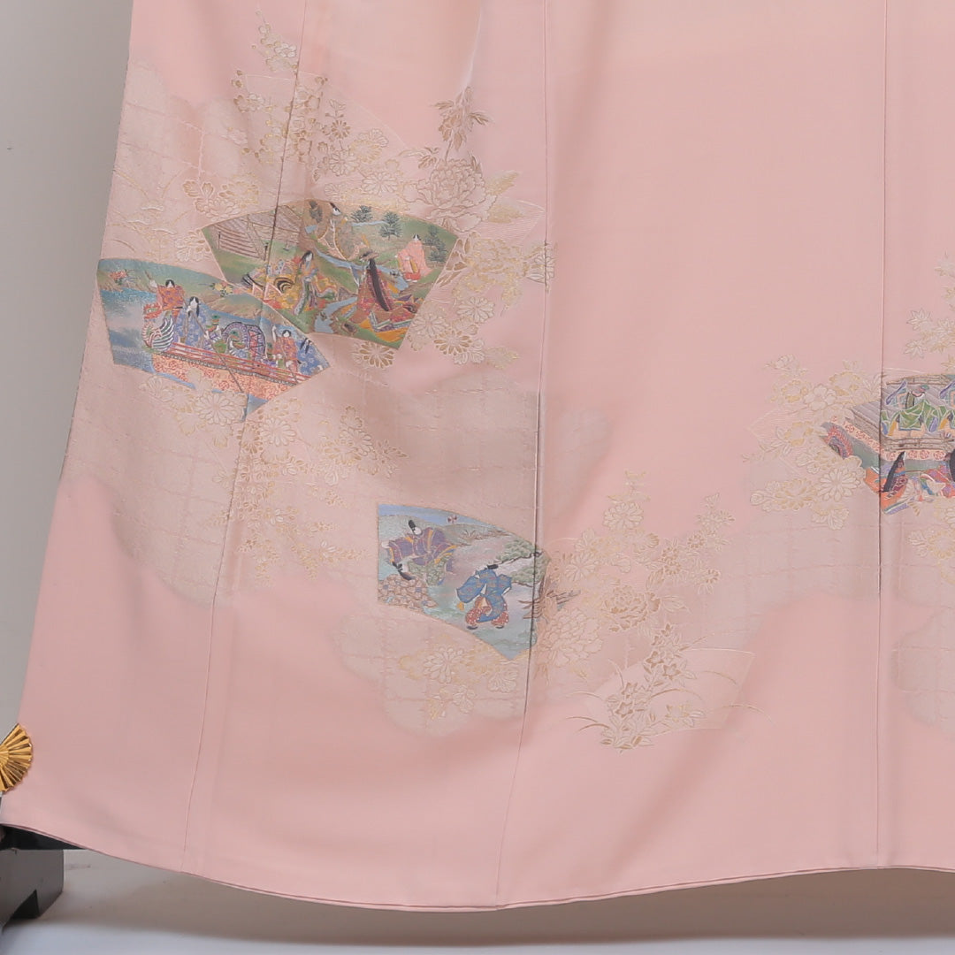 色留袖 三つ紋 下がり藤 身丈160cm 裄丈66cm Sランク 正絹 袷 比翼 広衿 L 平安絵巻 セミフォーマル ピンク系 1211-F0113
