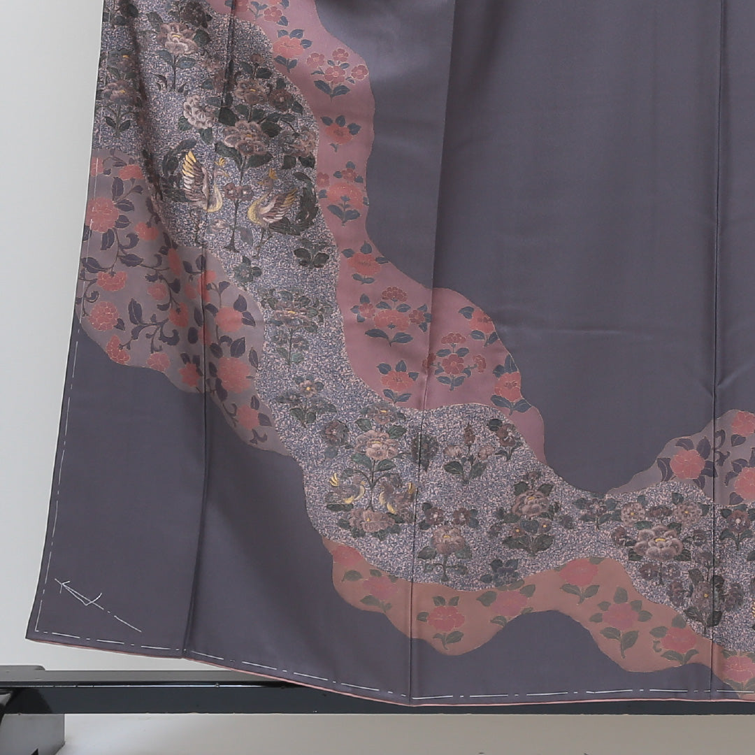 未使用品 訪問着 袷 身丈154cm 裄丈63cm 正絹 Sランク 一つ紋 (五三桐) セミフォーマル 広衿 Sサイズ 金彩 金箔 しつけ糸 道長取り 樹下双獣文 牡丹 紫系 PO 1217-04120