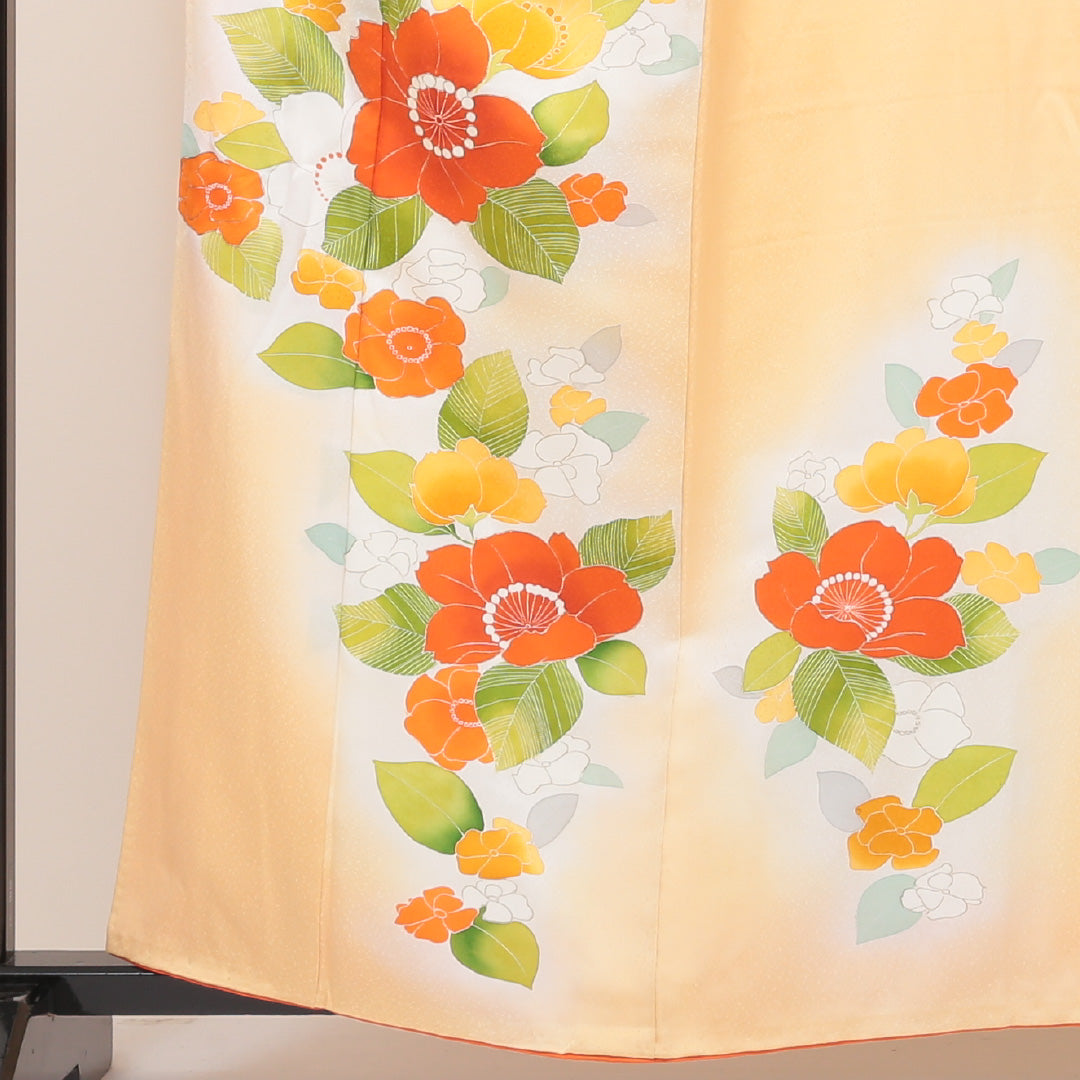 訪問着 袷 身丈159cm 裄丈35cm 正絹 Sランク Mサイズ 広衿 セミフォーマル 牡丹 クリーム系 朱系 1212-04101