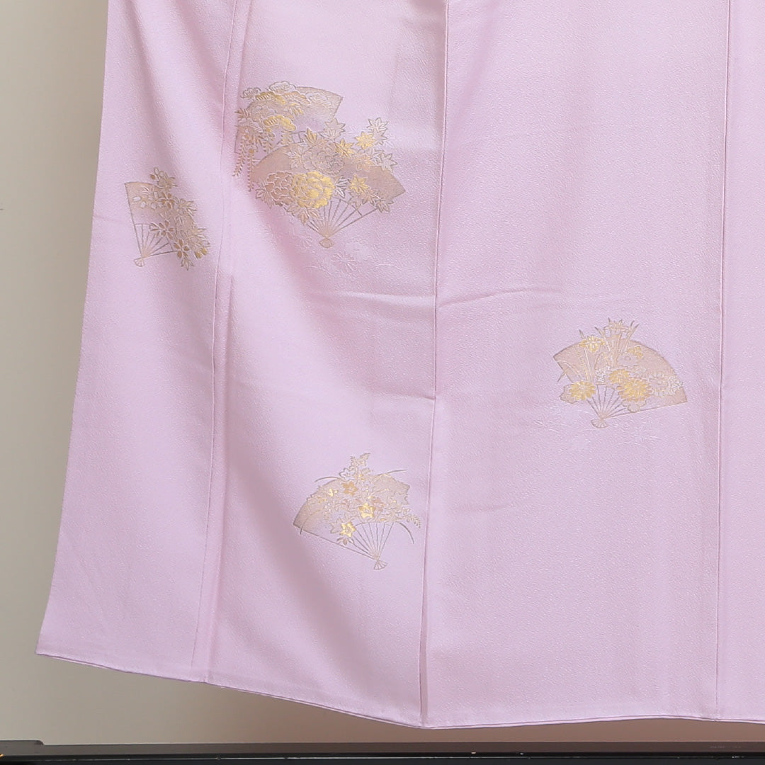 付下げ 袷 身丈151cm 裄丈63cm 正絹 Sランク インフォーマル 広衿 Sサイズ 刺繍 扇 花柄 ピンク系 RP 1218-04161
